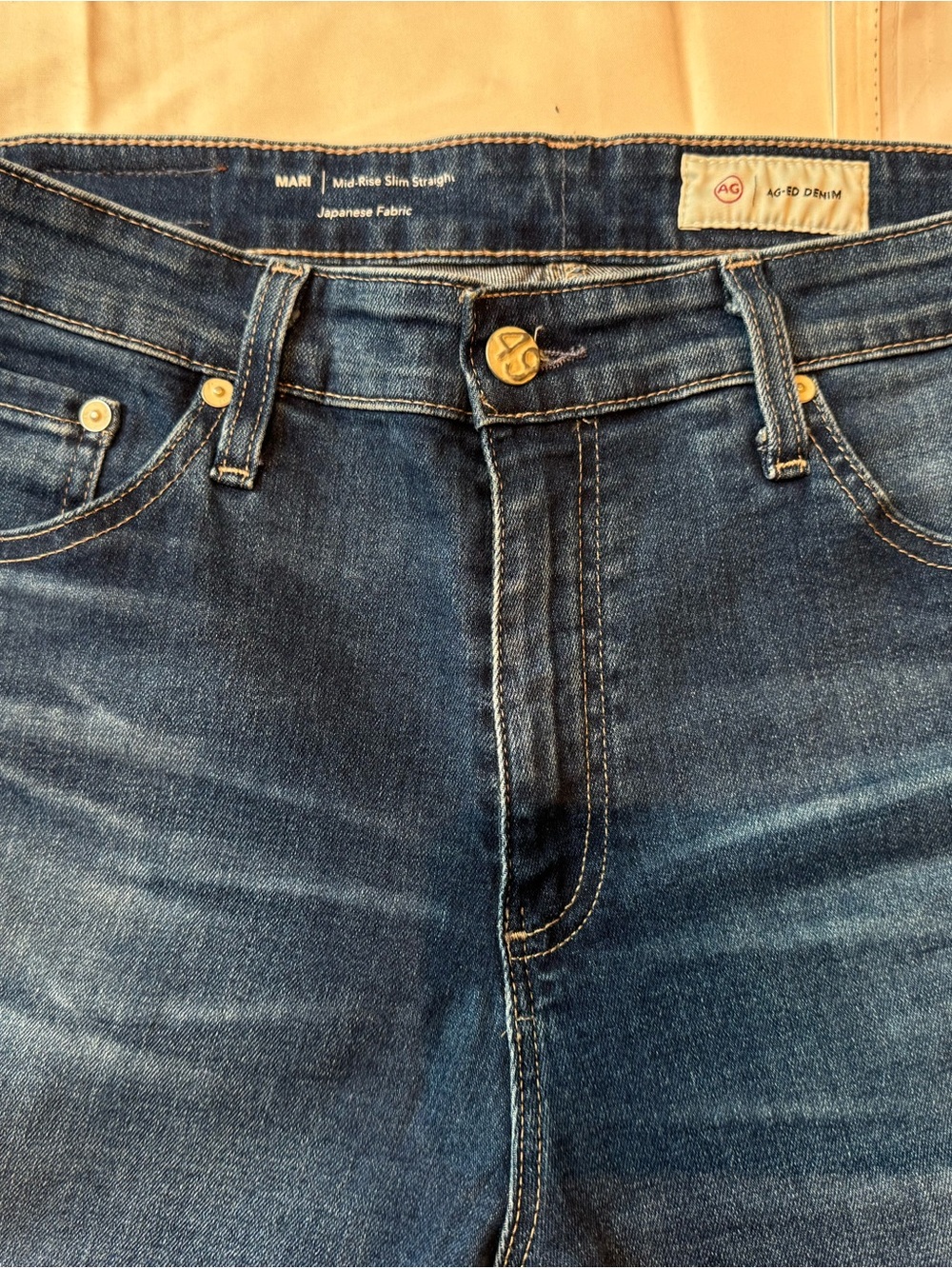 Ag Adriano Goldschmied Slim Straight Jeans in Dark Blue with Gold Hardware